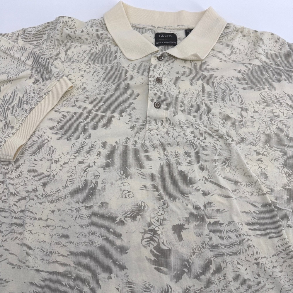 Izod Double Mercerized Cotton Polo Shirt Mens XXL Cream Tan Tropical Floral Palm